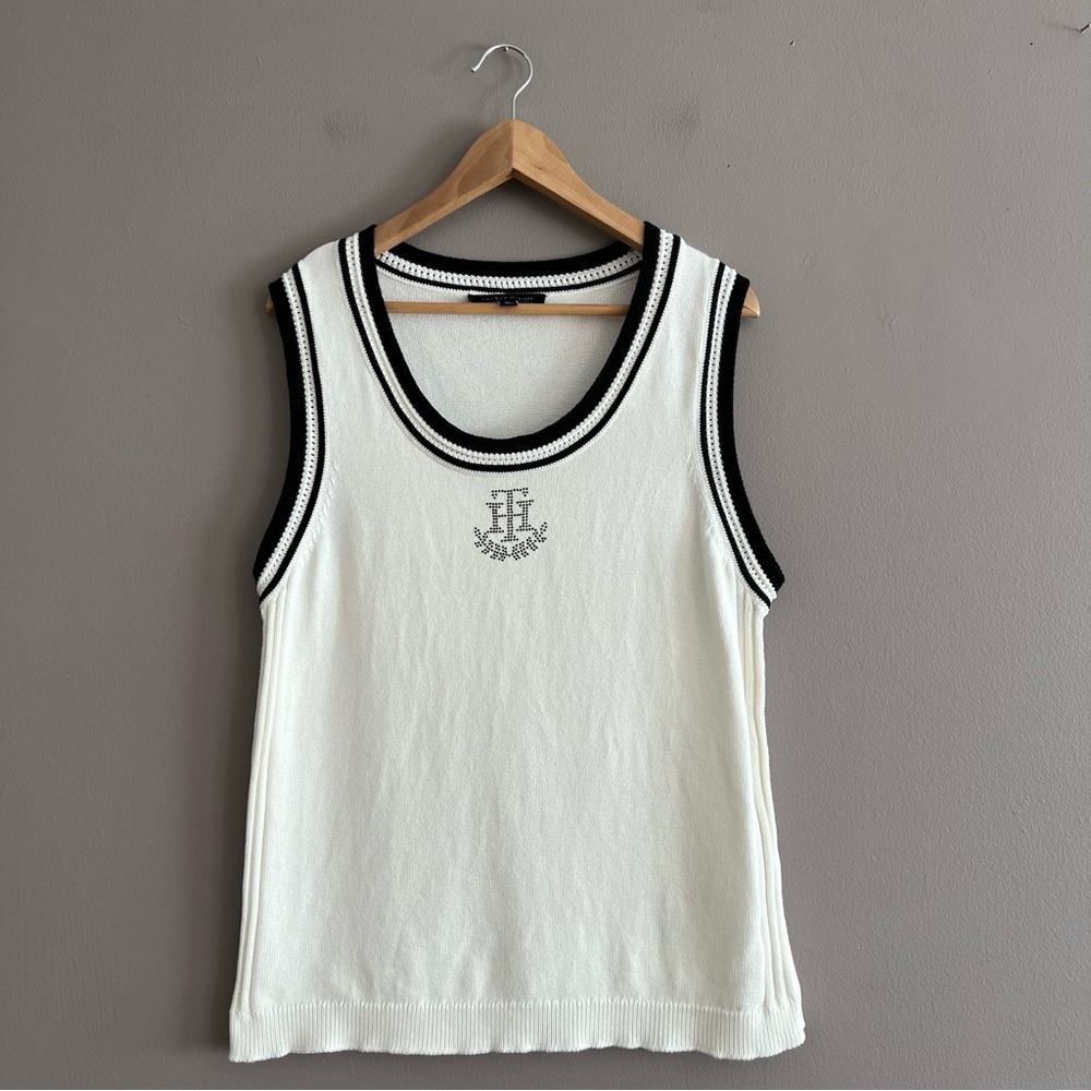 Tommy Hilfiger Sweater Tank Top Womens XL Rhinestone Logo Preppy Tennis Core Y2K